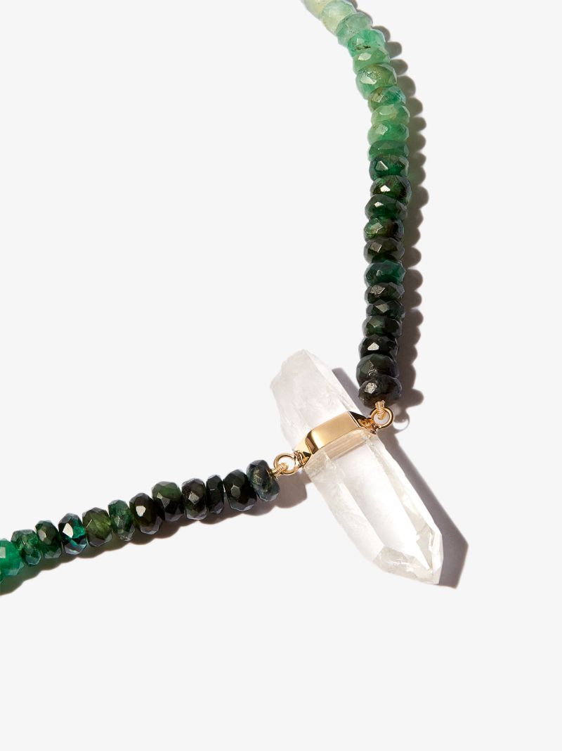 14k Yellow Gold Crystal Quartz Beaded Emerald Necklace