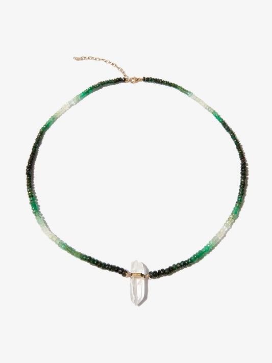 14k Yellow Gold Crystal Quartz Beaded Emerald Necklace