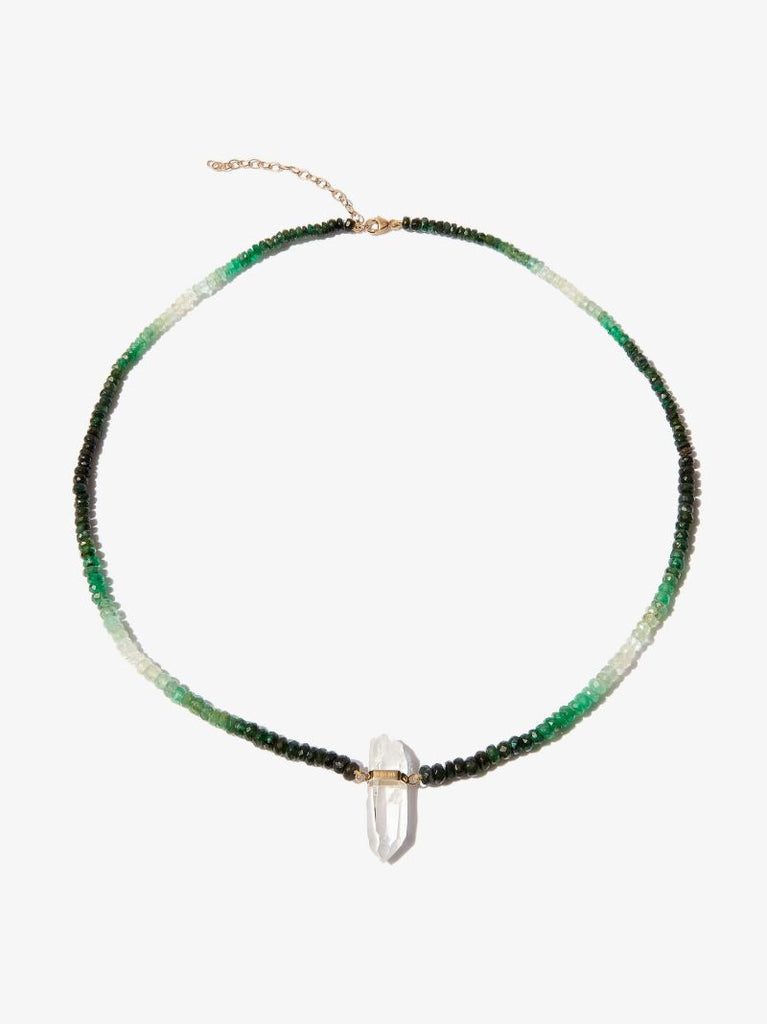 14k Yellow Gold Crystal Quartz Beaded Emerald Necklace