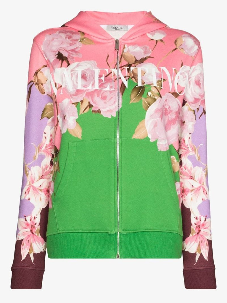 Peony Print Zip-up Hoodie