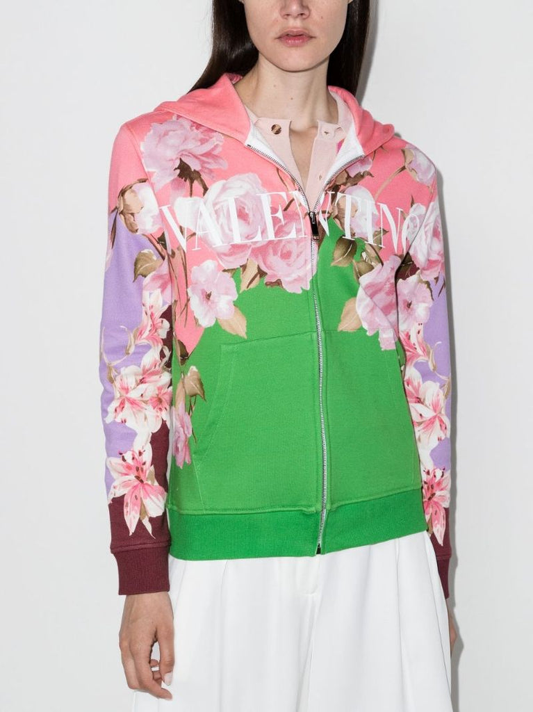 Peony Print Zip-up Hoodie
