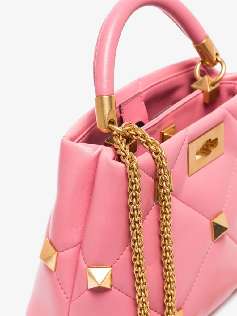 Pink Roman Stud Small Leather Top Handle Bag