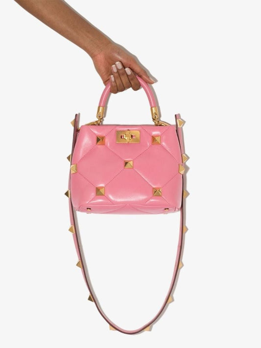 Pink Roman Stud Small Leather Top Handle Bag