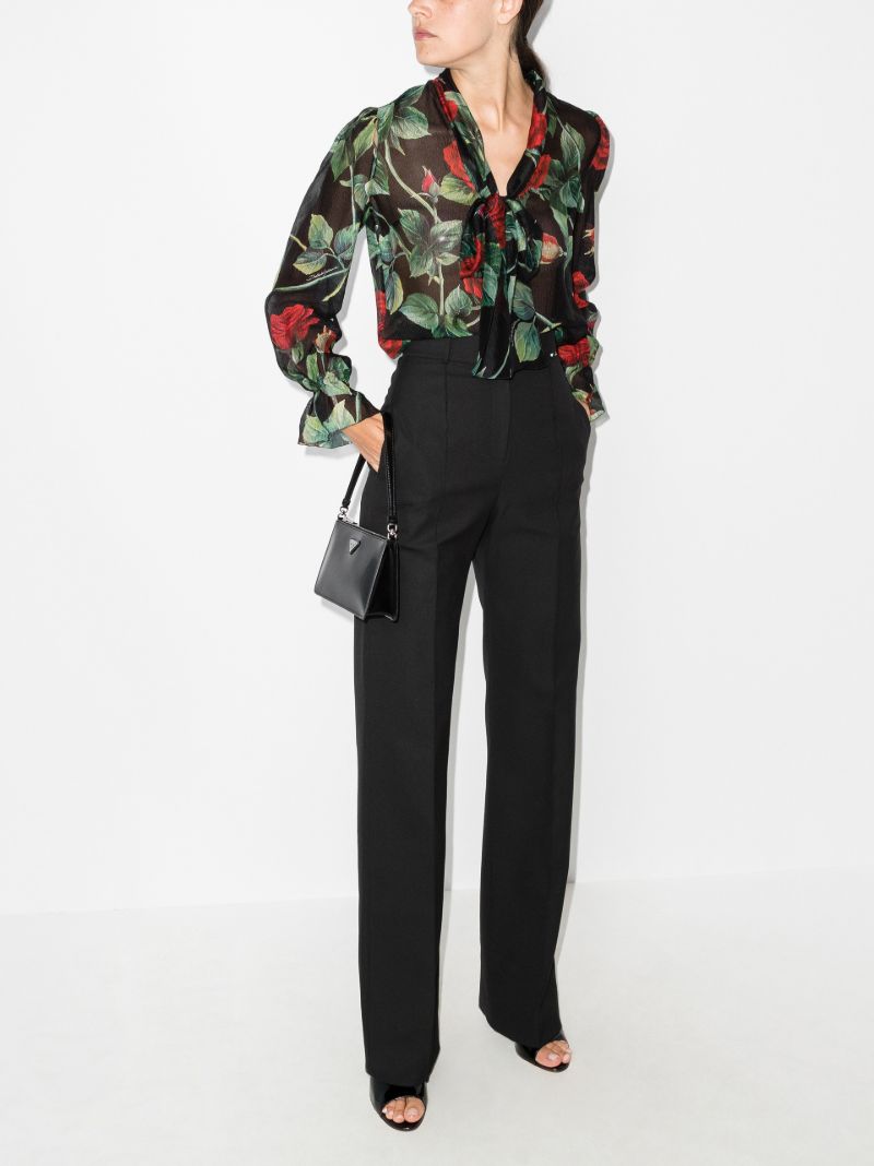 Rose Print Tie Neck Silk Top