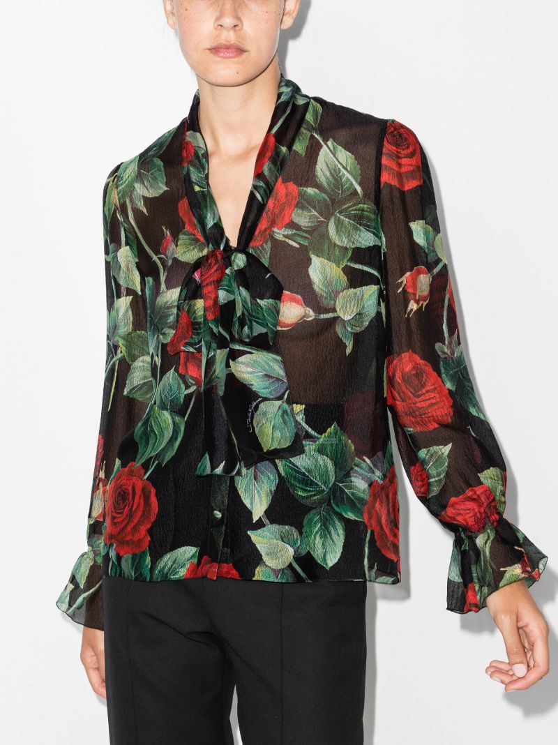 Rose Print Tie Neck Silk Top