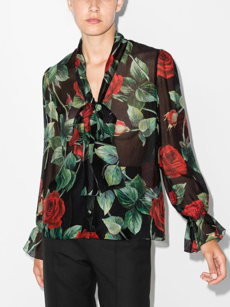 Rose Print Tie Neck Silk Top
