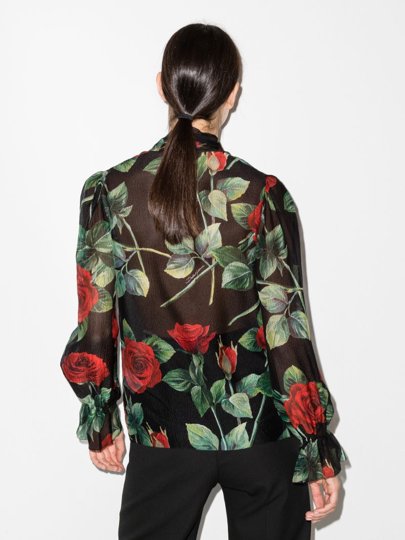 Rose Print Tie Neck Silk Top