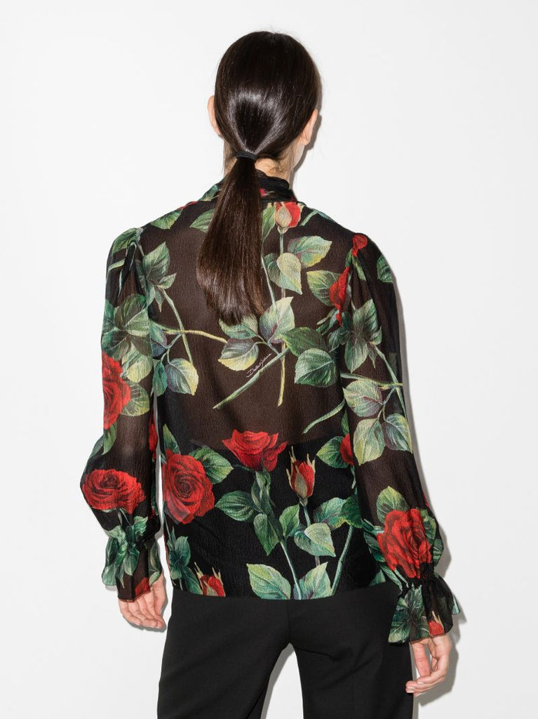 Rose Print Tie Neck Silk Top