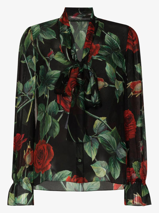 Rose Print Tie Neck Silk Top