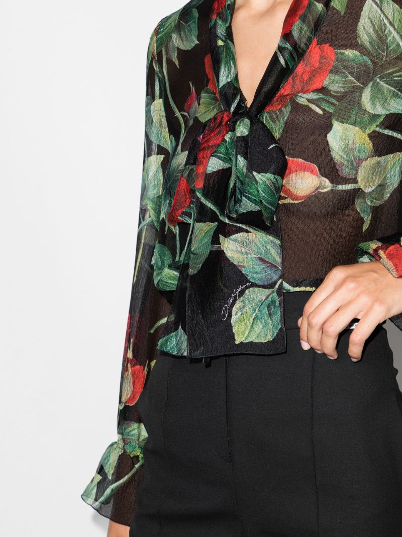 Rose Print Tie Neck Silk Top