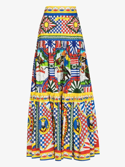 Carretto Print Pleated Maxi Skirt