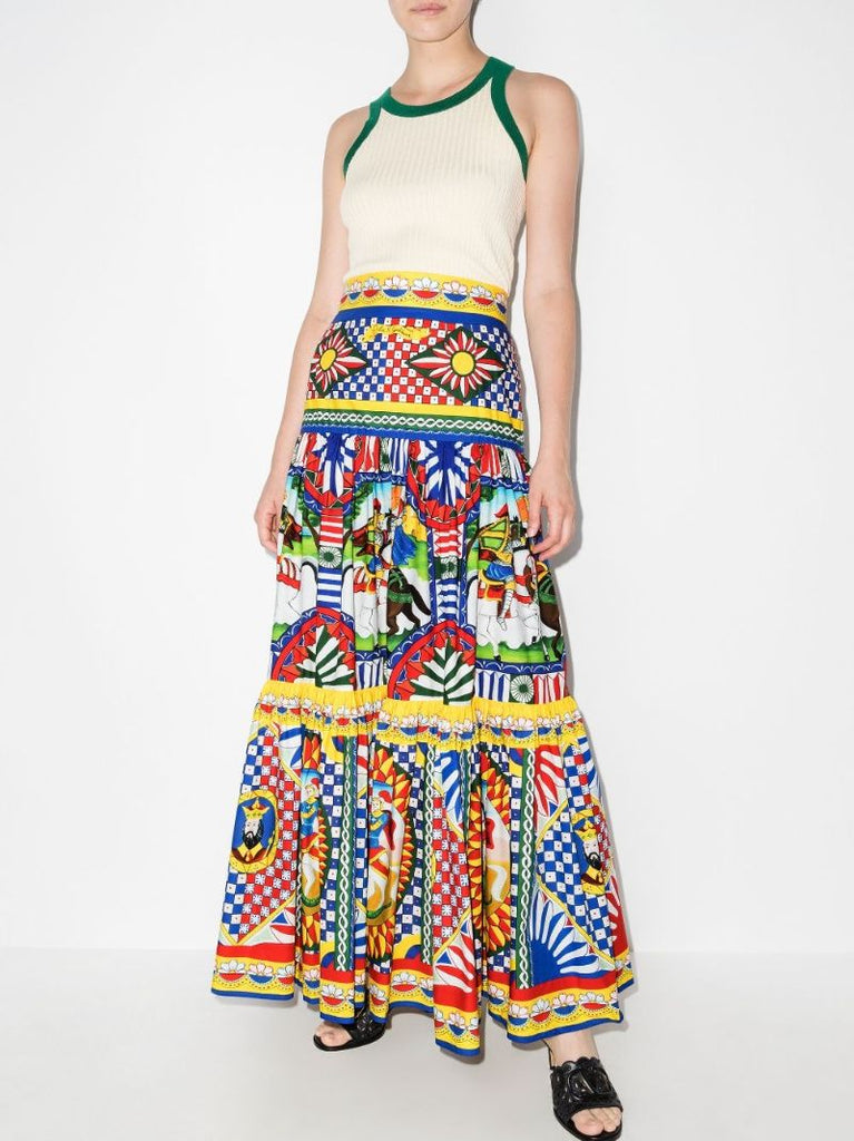 Carretto Print Pleated Maxi Skirt
