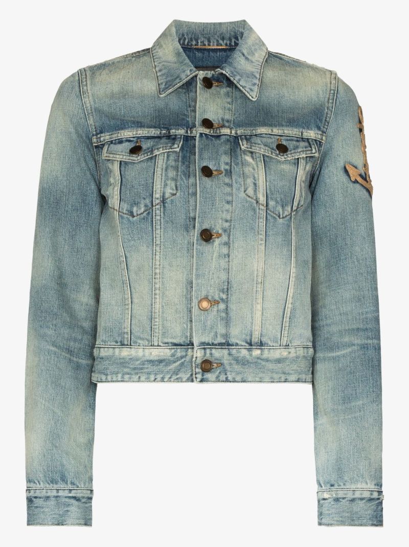 Blue Anchor Embroidery Cropped Denim Jacket