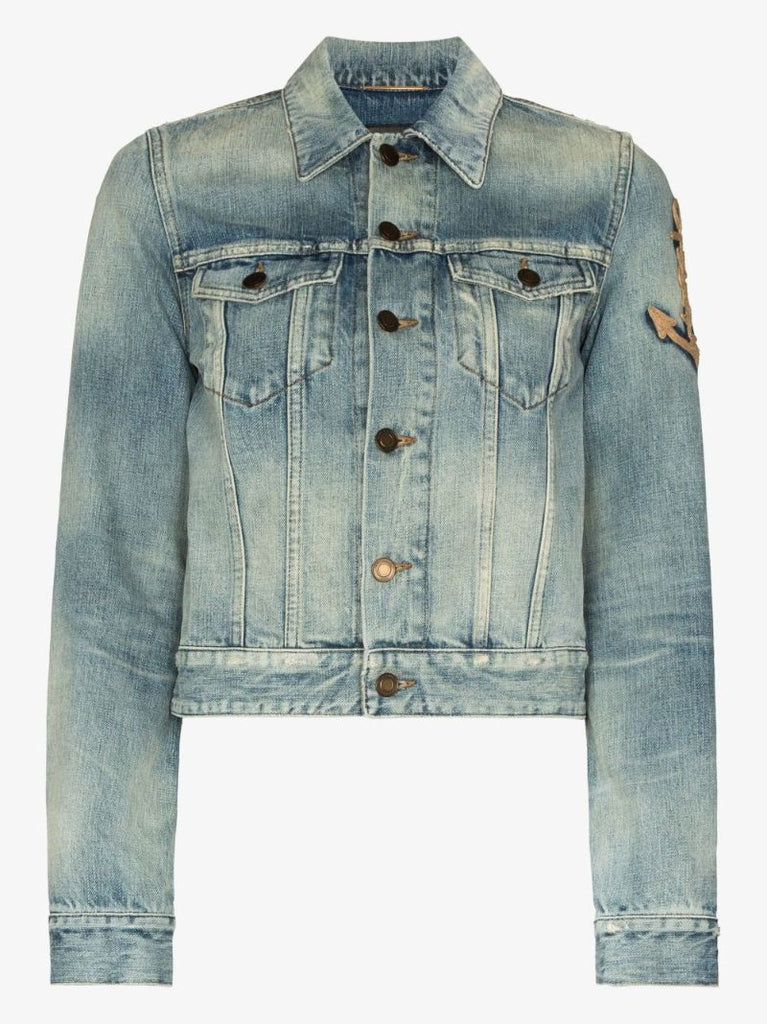 Blue Anchor Embroidery Cropped Denim Jacket