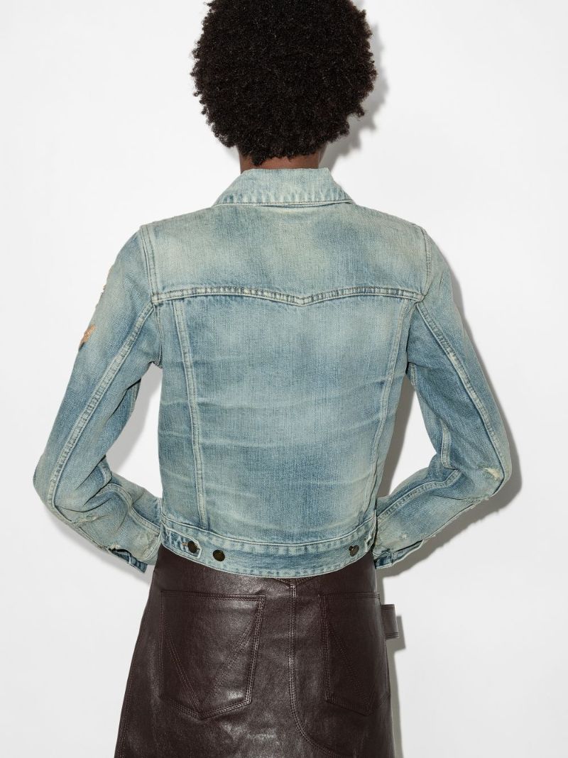 Blue Anchor Embroidery Cropped Denim Jacket