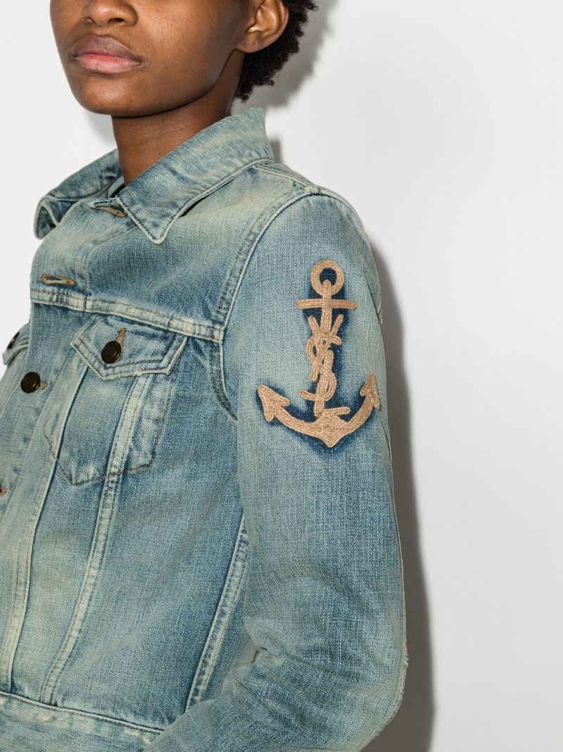 Blue Anchor Embroidery Cropped Denim Jacket