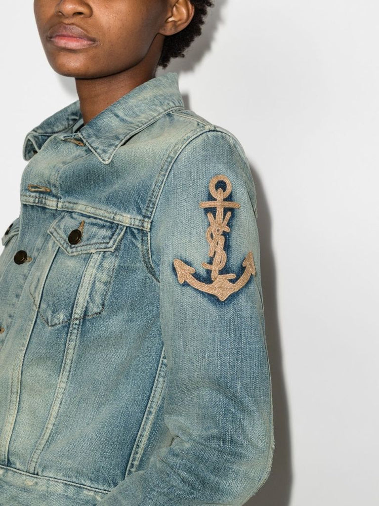 Blue Anchor Embroidery Cropped Denim Jacket