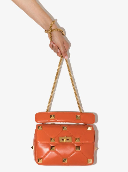 Orange Roman Stud Medium Leather Cross Body Bag