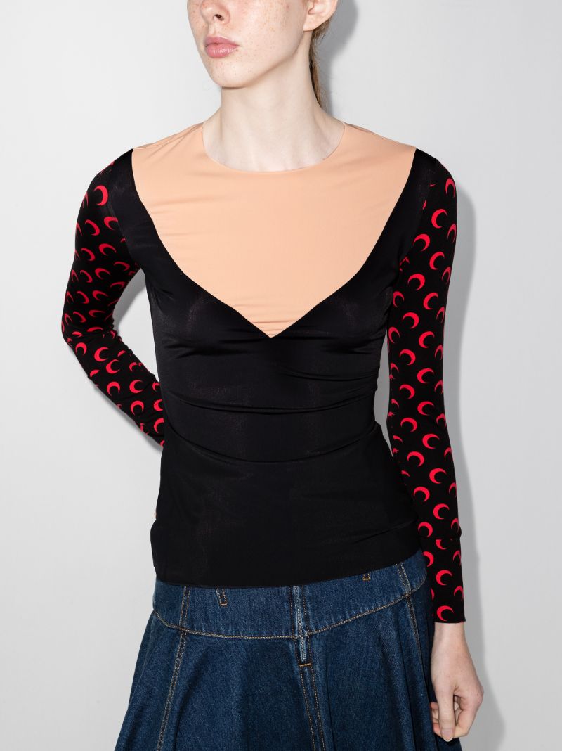 Trompe L'oeil Neckline Crescent Moon Print Top