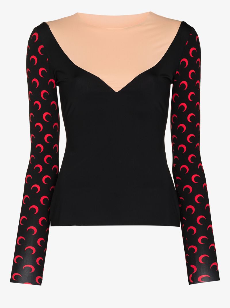 Trompe L'oeil Neckline Crescent Moon Print Top