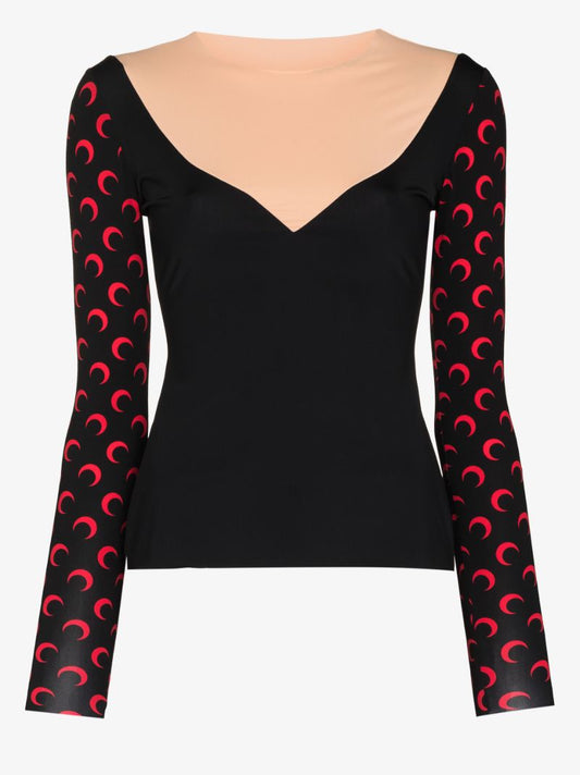 Trompe L'oeil Neckline Crescent Moon Print Top