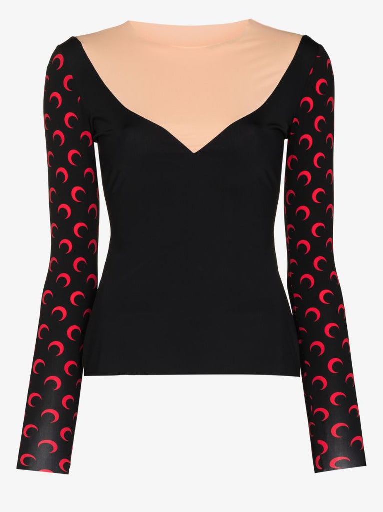 Trompe L'oeil Neckline Crescent Moon Print Top