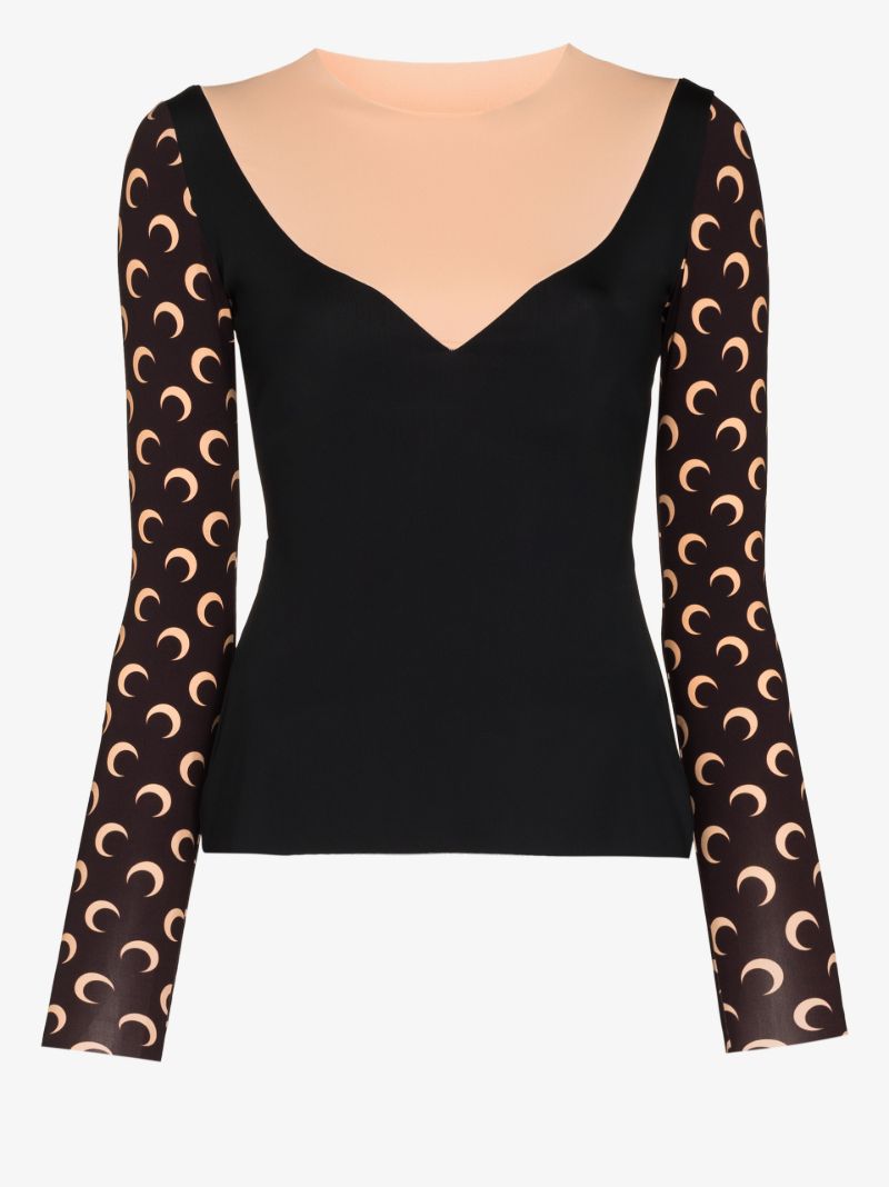 Trompe L'oeil Neckline Crescent Moon Print Top