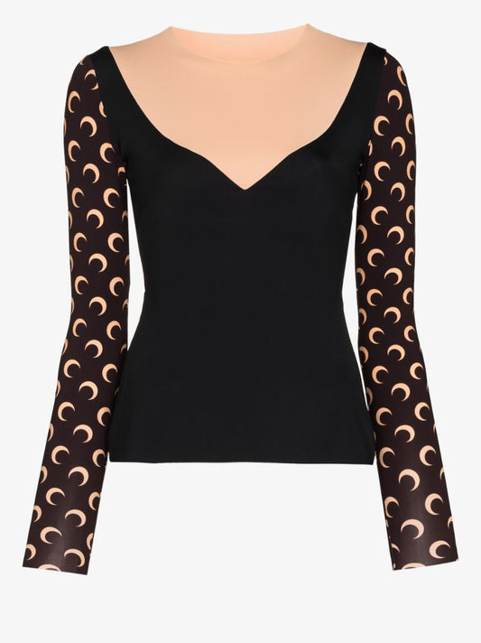 Trompe L'oeil Neckline Crescent Moon Print Top