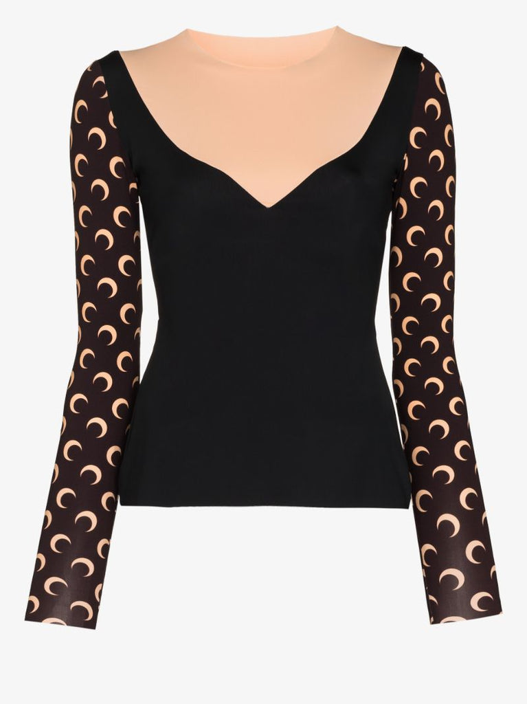Trompe L'oeil Neckline Crescent Moon Print Top