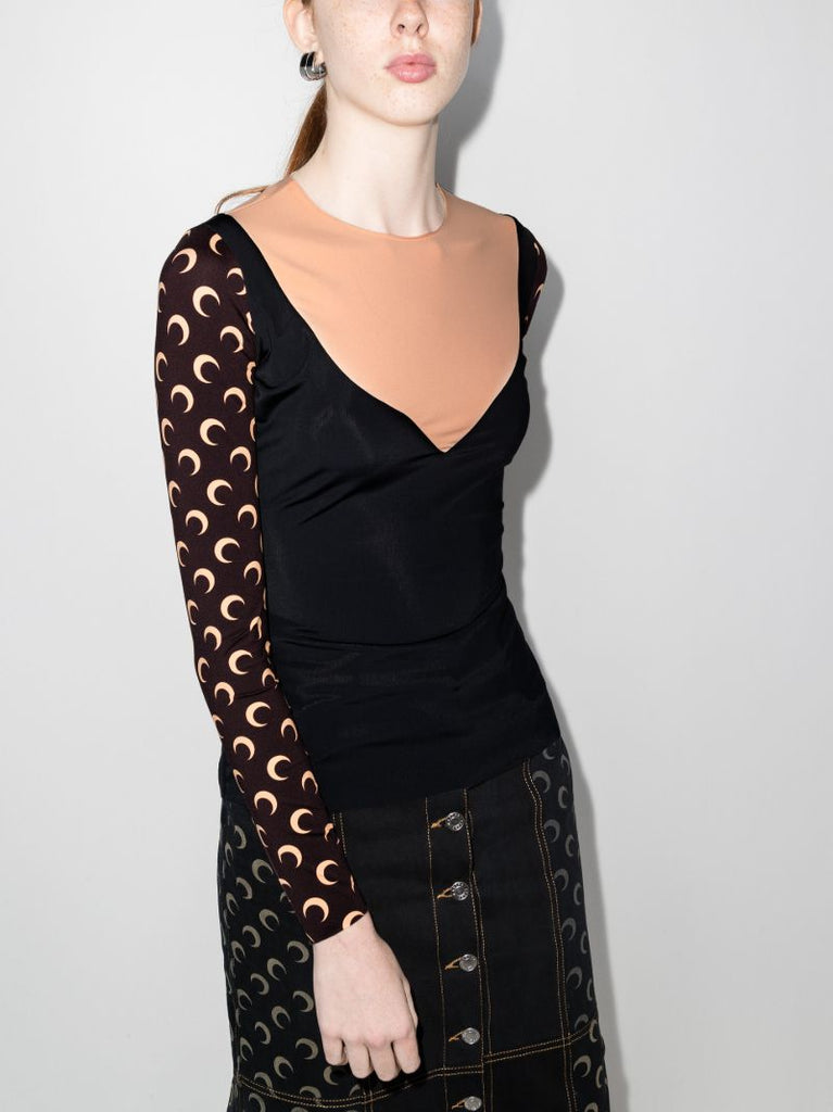 Trompe L'oeil Neckline Crescent Moon Print Top