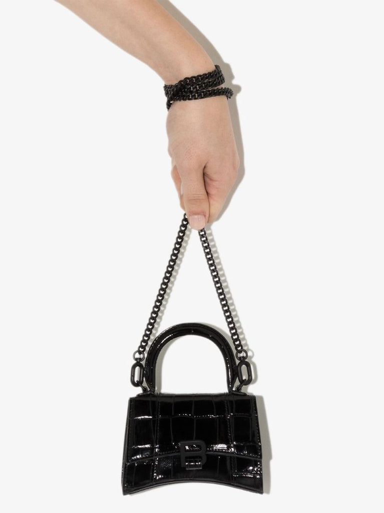 Black Hourglass Mini Mock Croc Leather Top Handle Bag
