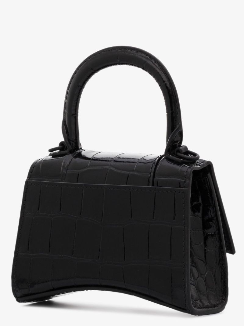 Black Hourglass Mini Mock Croc Leather Top Handle Bag