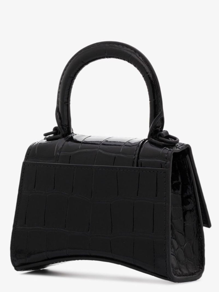 Black Hourglass Mini Mock Croc Leather Top Handle Bag
