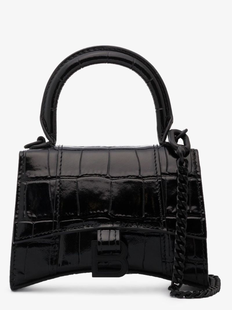 Black Hourglass Mini Mock Croc Leather Top Handle Bag