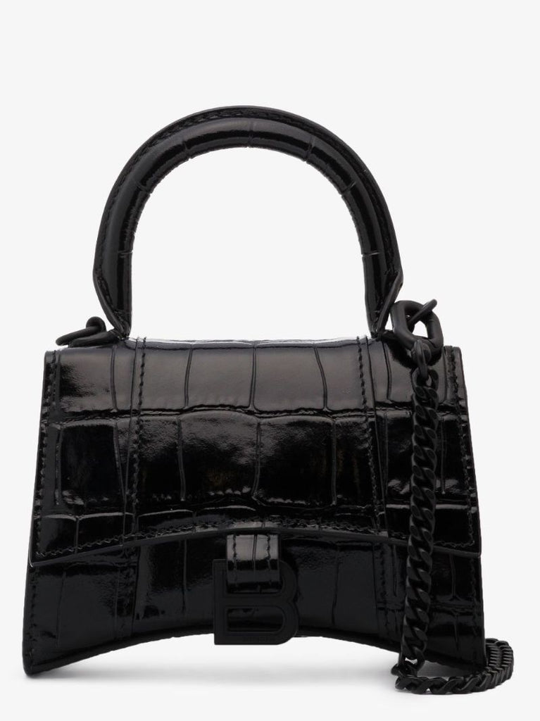 Black Hourglass Mini Mock Croc Leather Top Handle Bag