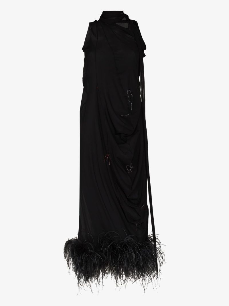 Feather Trim Silk Gown