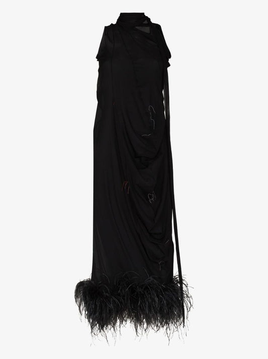 Feather Trim Silk Gown