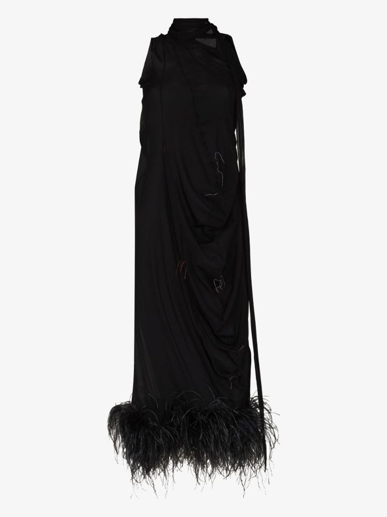Feather Trim Silk Gown