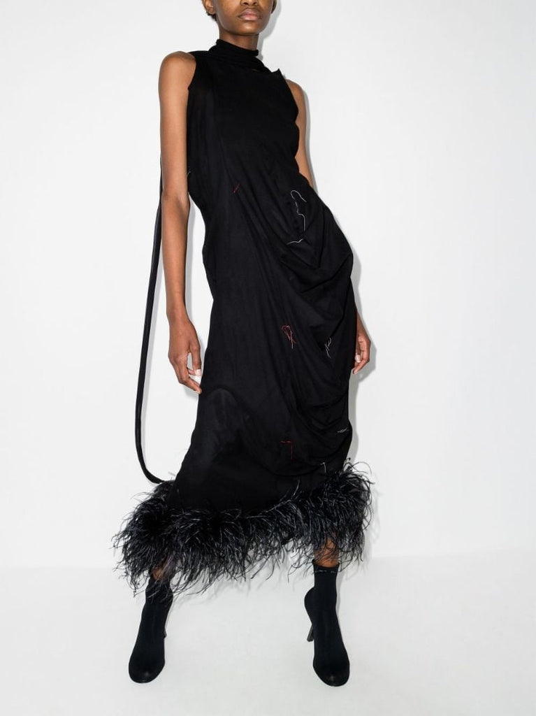 Feather Trim Silk Gown
