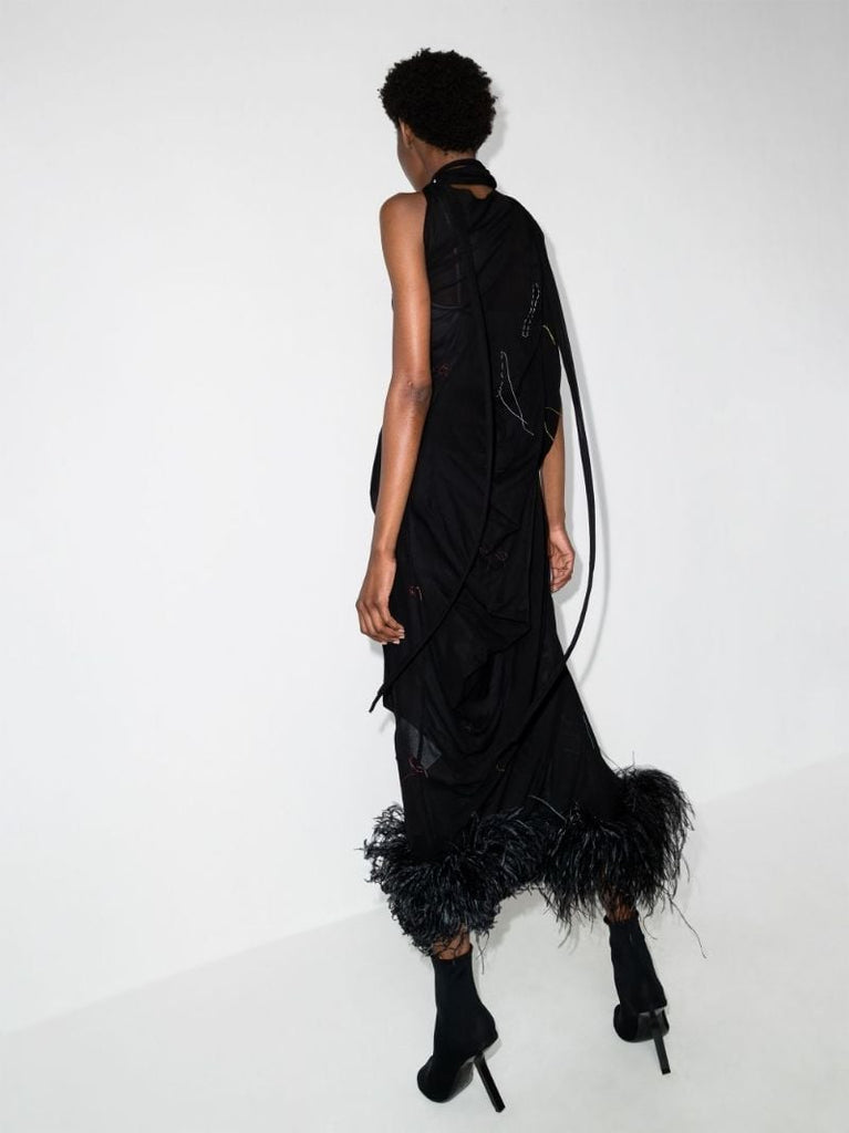 Feather Trim Silk Gown