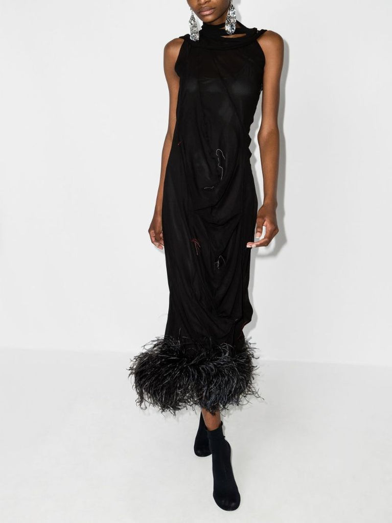 Feather Trim Silk Gown