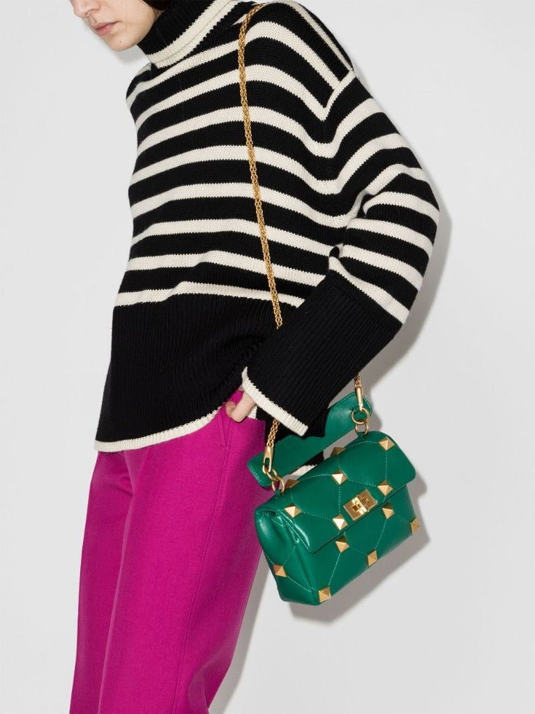 Green Roman Stud Medium Leather Shoulder Bag