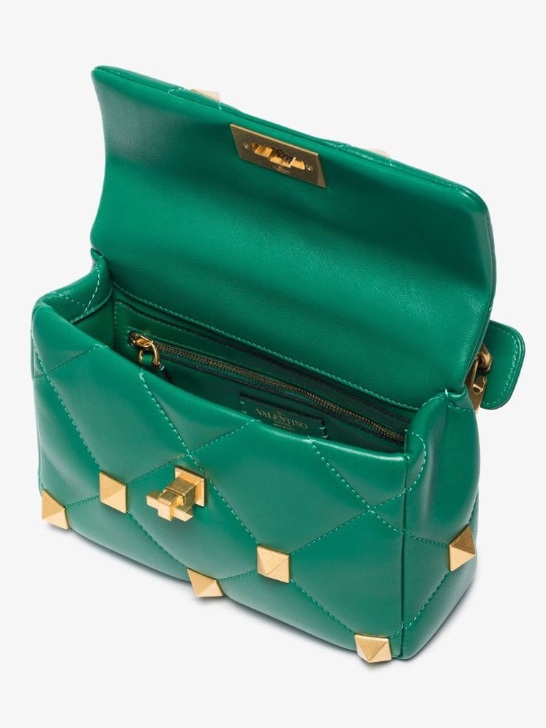 Green Roman Stud Medium Leather Shoulder Bag