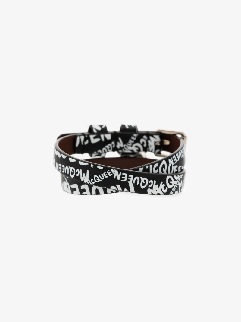 Black Graffiti Logo Double Wrap Leather Bracelet