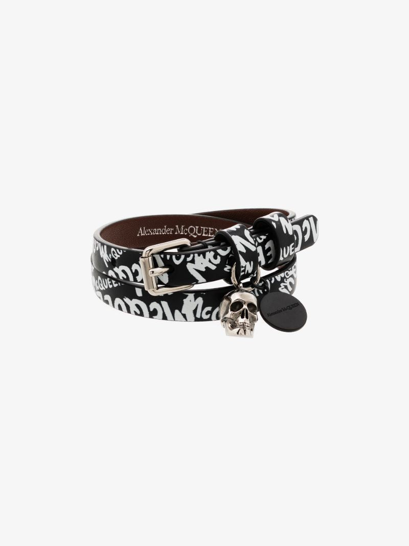 Black Graffiti Logo Double Wrap Leather Bracelet