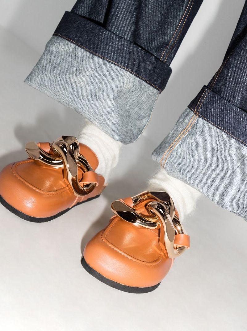 Brown Chain Leather Loafer Mules