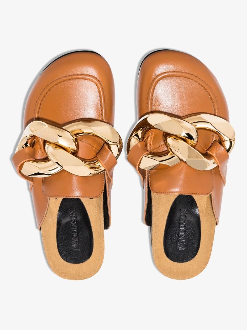 Brown Chain Leather Loafer Mules