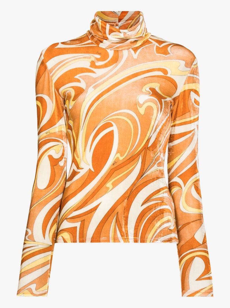 Vortici Print Velvet Turtleneck Top