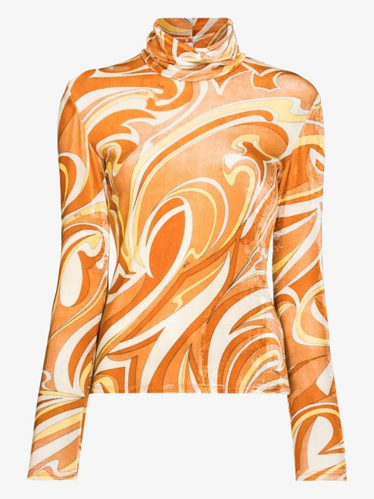 Vortici Print Velvet Turtleneck Top
