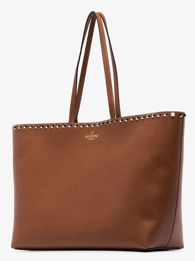 Brown Rockstud Large Leather Tote Bag